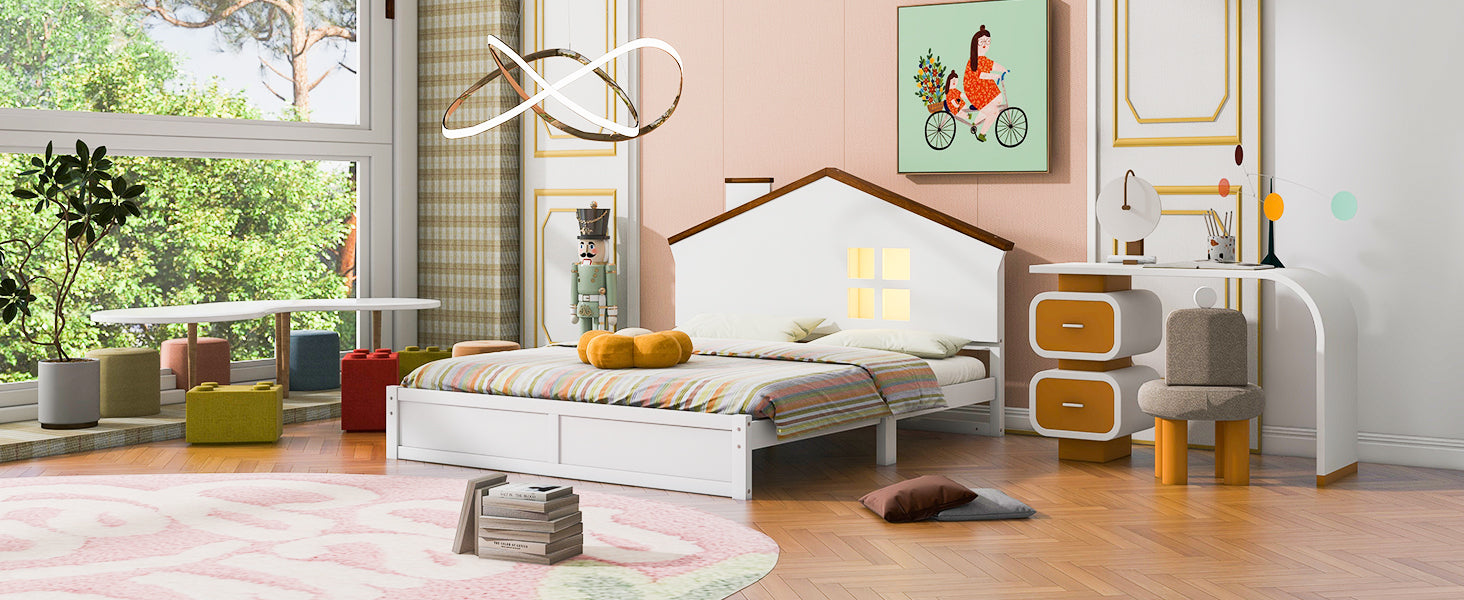 Full Size Wood Platform Bed with House-shaped Headboard and Built-in LED, Walnut+White - Atlantic Fine Furniture Melbourne FL