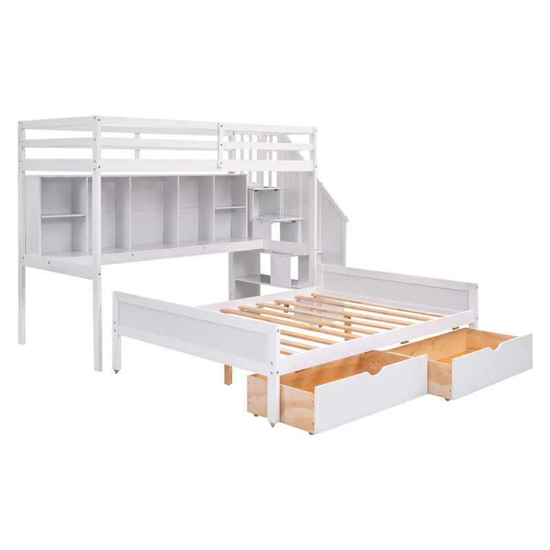 Twin XL over Full Bunk Bed with Built-in Storage Shelves, Drawers and Staircase,White