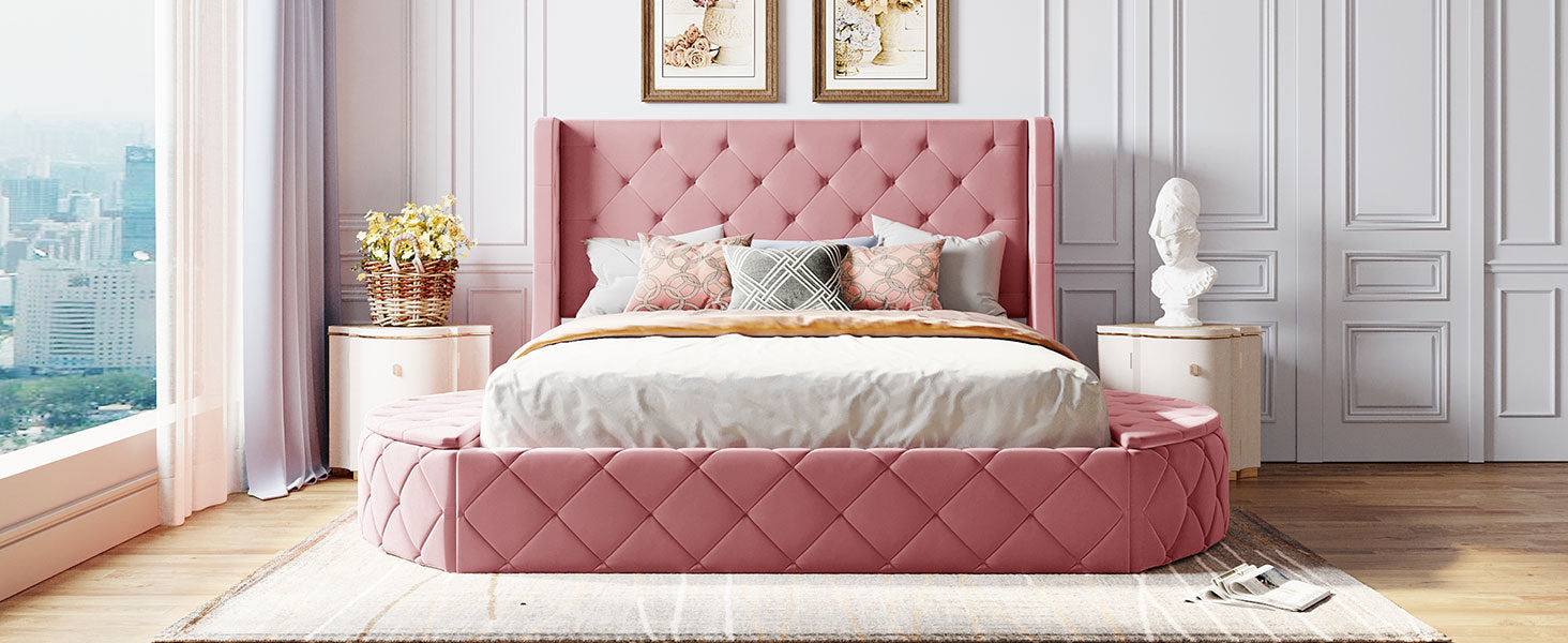 Upholstered Platform Bed Queen Size Storage Velvet Bed with Wingback Headboard and 1 Big Drawer,2 Side Storage Stool(Pink) - Atlantic Fine Furniture Melbourne FL