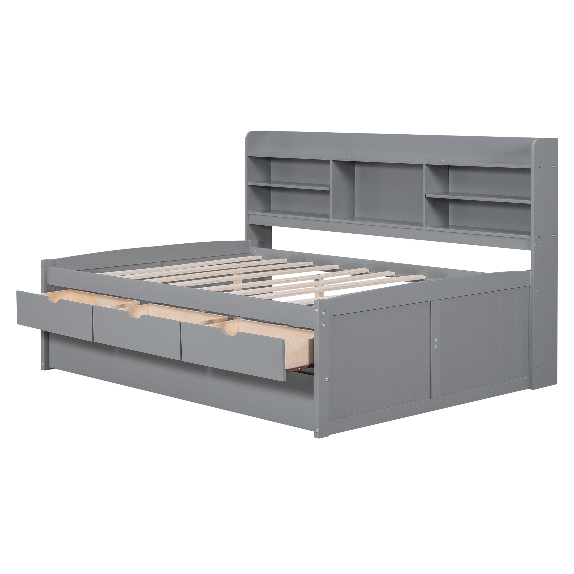Full Size Wooden Captain Bed with Built-in Bookshelves,Three Storage Drawers and Trundle,Light Grey - Atlantic Fine Furniture Melbourne FL