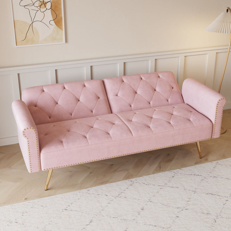 Luxurious Velvet Sofa Bed With Nail Head Trim And Matching Pillow