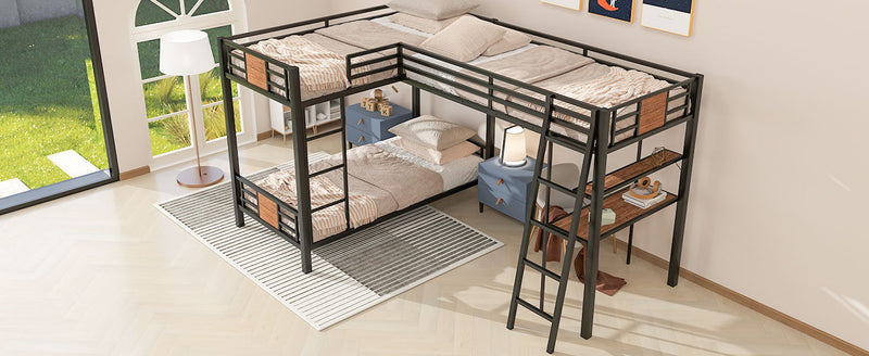 L-Shaped Twin Over Twin Bunk Bed With Twin Size Loft Bed With Desk And Shelf - Brown