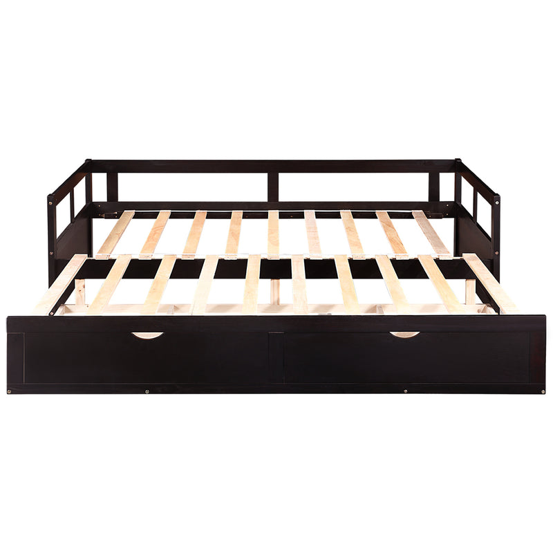 Wooden Daybed with Trundle Bed and Two Storage Drawers , Extendable Bed Daybed,Sofa Bed for Bedroom Living Room,Espresso