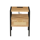 Rattan End Table With Power Outlet & USB Ports, Modern Nightstand With Drawer And Metal Legs, Side Table For Living Room, Bedroom