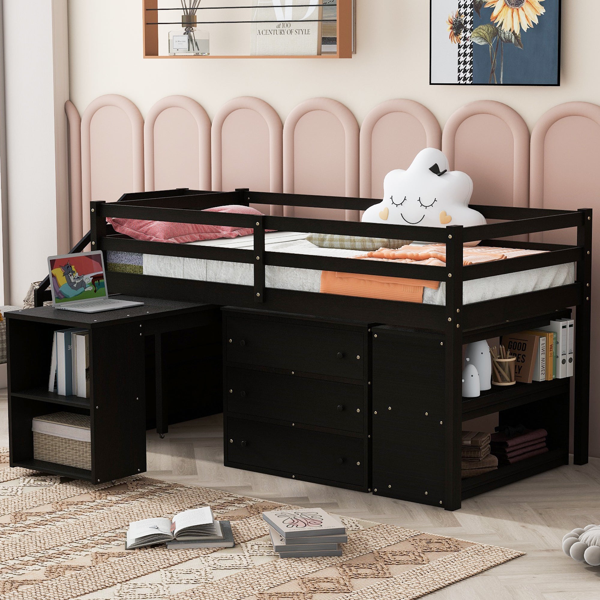 Twin Size Loft Bed with Retractable Writing Desk and 3 Drawers, Wooden Loft Bed with Storage Stairs and Shelves, Espresso - Atlantic Fine Furniture Melbourne FL