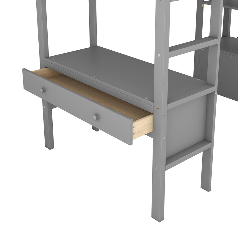 Twin  Size Loft Bed with Built-in Desk with Two Drawers, and Storage Shelves and Drawers,Gray