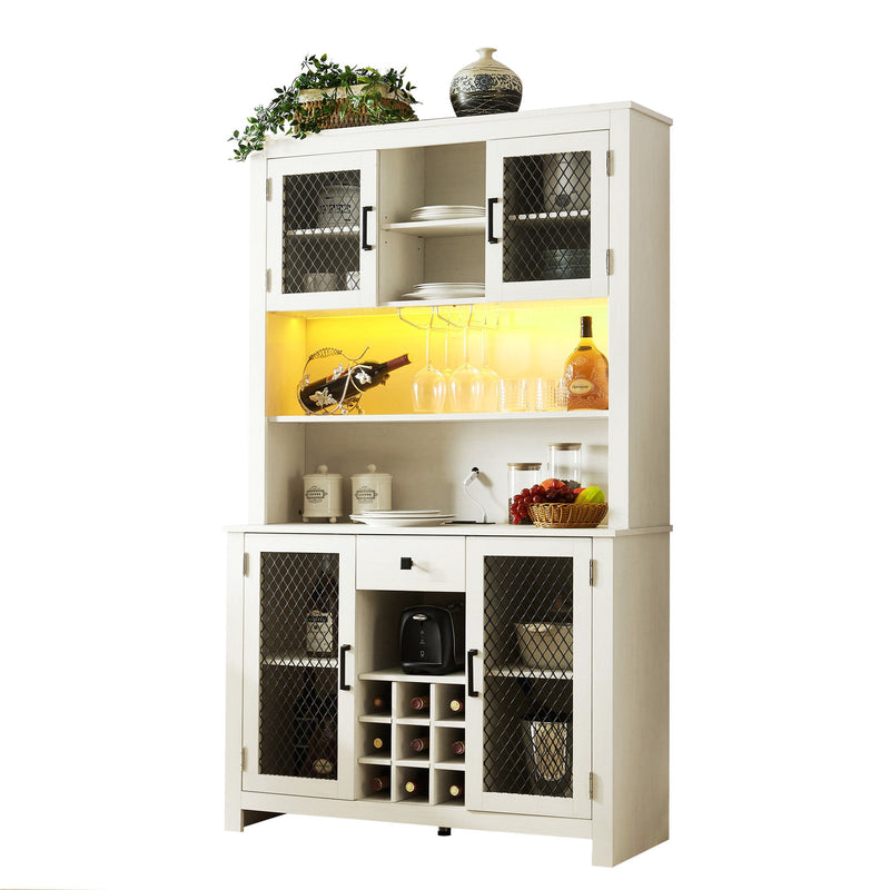 Kitchen Pantry Storage Cabinet Rustic Buffet Cabinet, Kitchen Hutch Cabinet With LED Outlets Food Pantry Cabinet With Doors And Shelves Wine Rack For Dining Room - Antique White