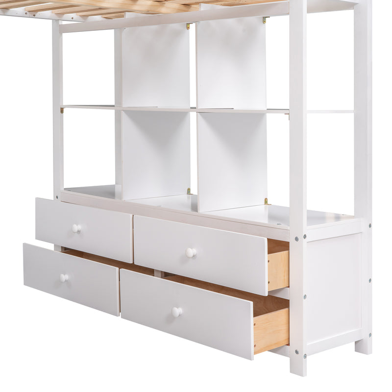 Full Size Loft Bed with Built-in Desk with Two Drawers, and Storage Shelves and Drawers,White