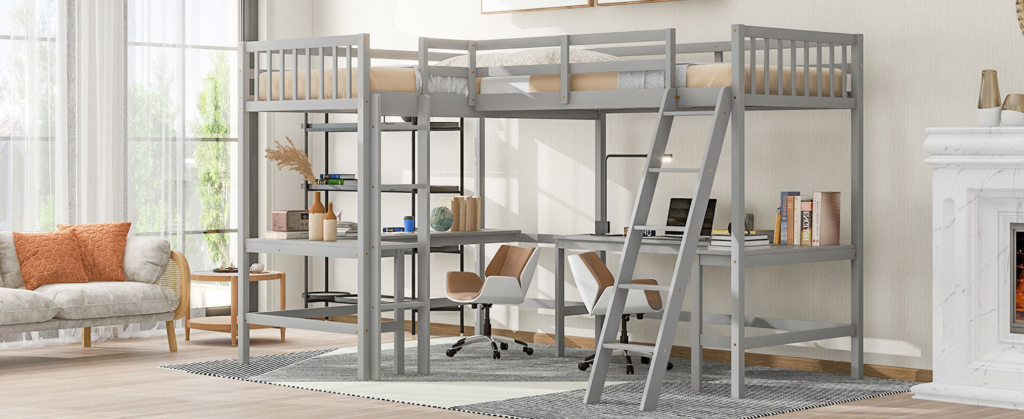 Wood Twin Size L-Shaped Loft Bed with Ladder and 2 Built-in L-Shaped Desks, Gray - Atlantic Fine Furniture Melbourne FL