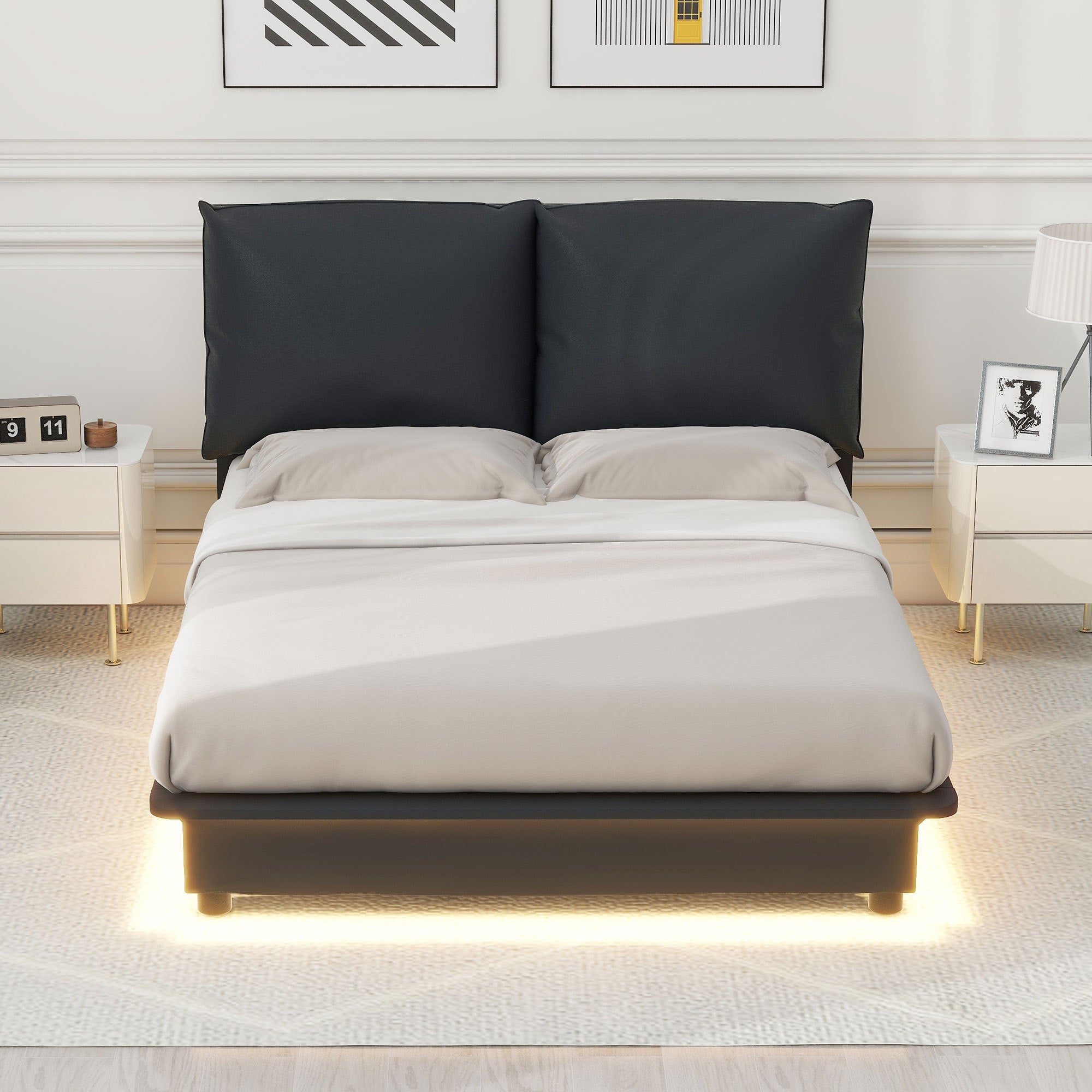 Full Size Upholstered Platform Bed with Sensor Light and Ergonomic Design Backrests, Black - Atlantic Fine Furniture Melbourne FL