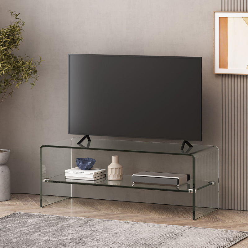 Modern Tempered Glass TV Stand With Shelf And Open Back Design - Clear