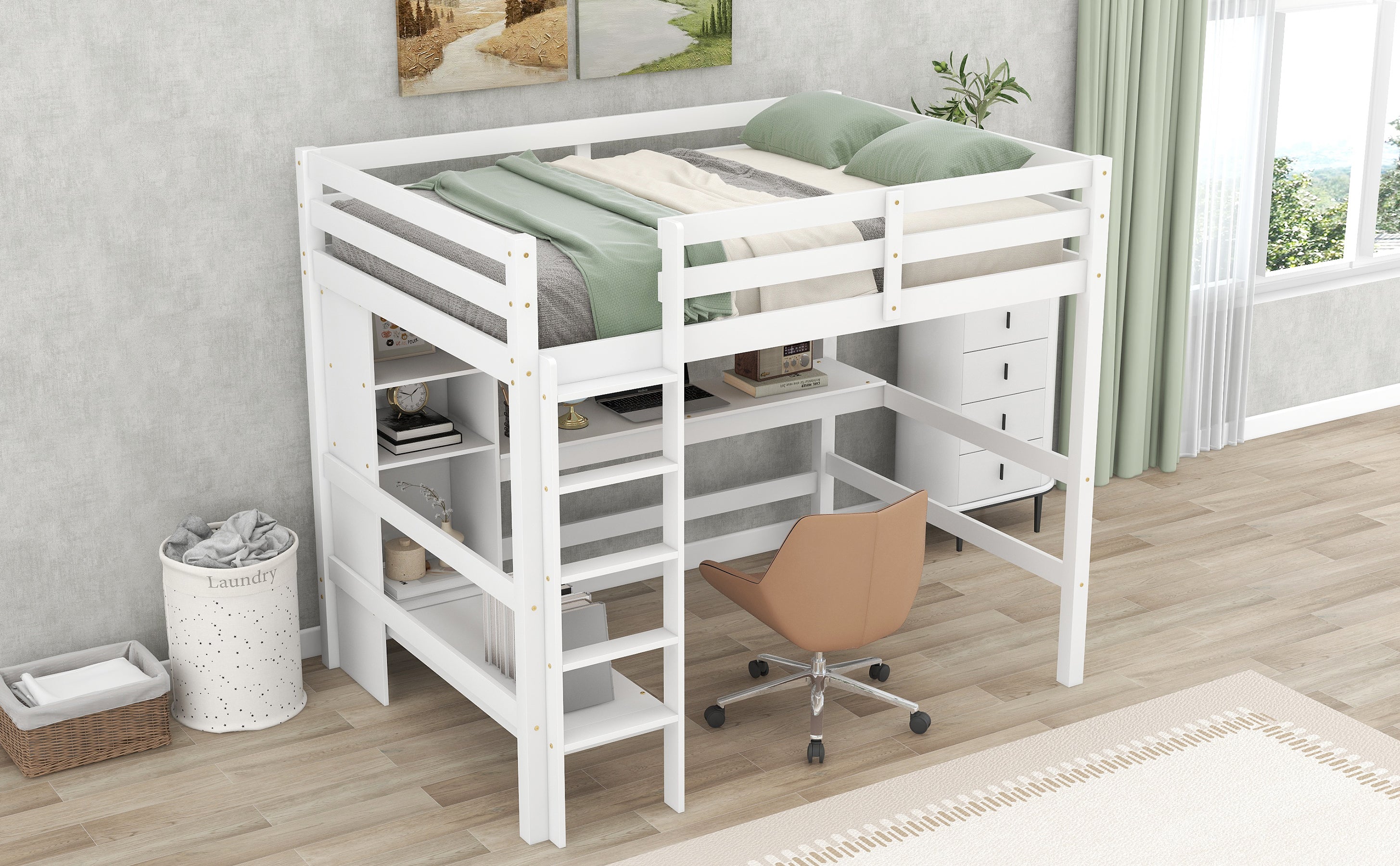 Full Size Loft Bed with Multifunction Shelves and Under-bed Desk, White