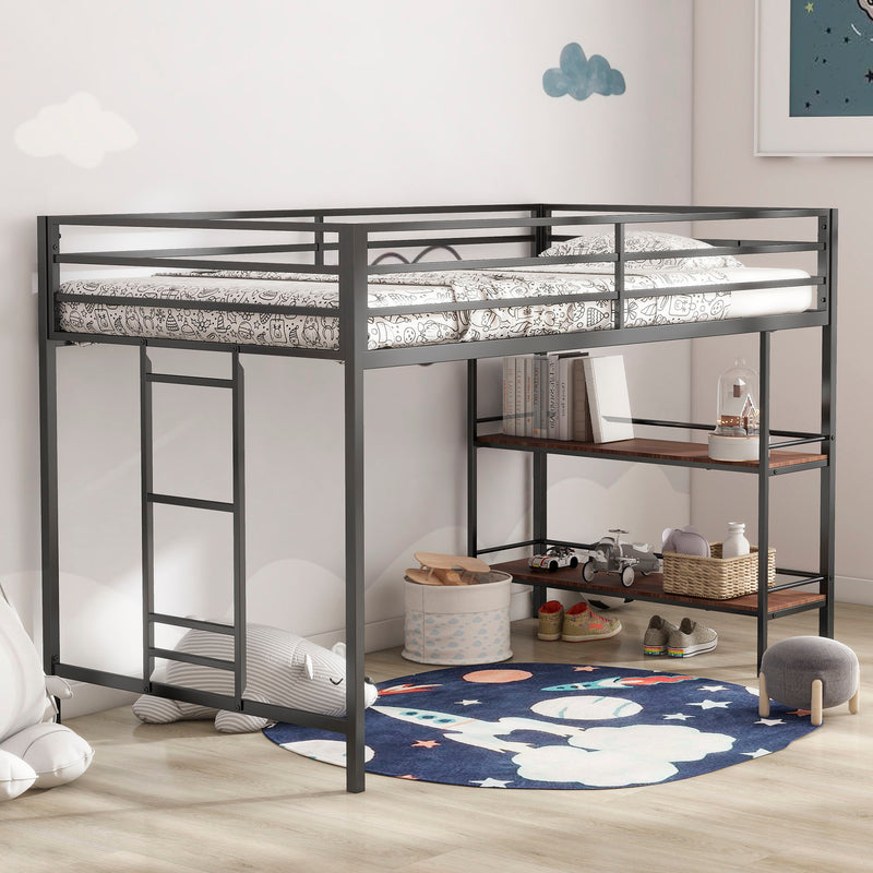 Adam - Junior Twin Loft Bunk Bed With Cinnamon Wood Shelf - Black