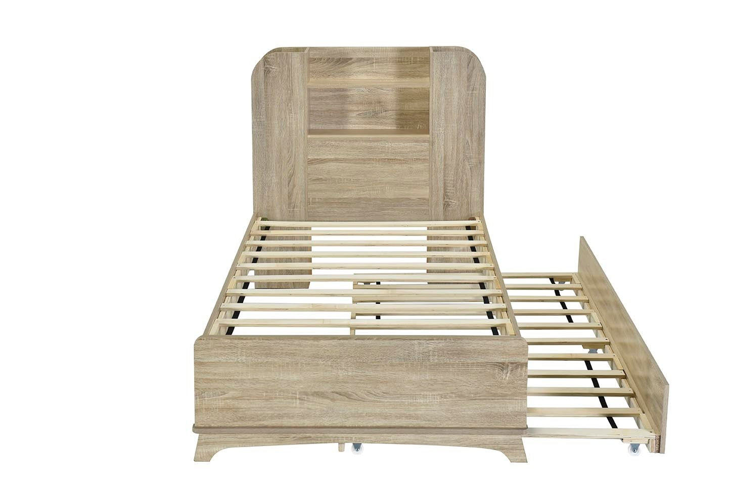 Twin Size Storage Platform Bed Frame with with Trundle and Light Strip Design in Headboard,Natural - Atlantic Fine Furniture Melbourne FL