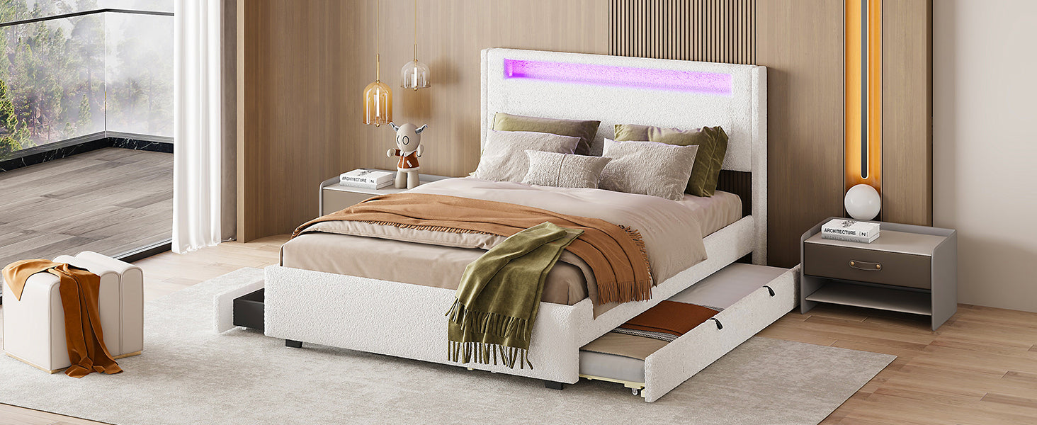 Full Size Upholstered Platform Bed with LED Frame, with Twin  Size Trundle and 2 drawers, Teddy Fleece, White - Atlantic Fine Furniture Melbourne FL