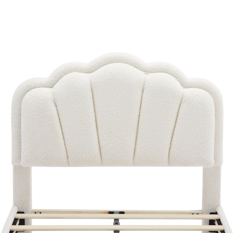 Upholstered Elegant Flowers Headboard With LED Light Strip, Platform Bed With Slats Support