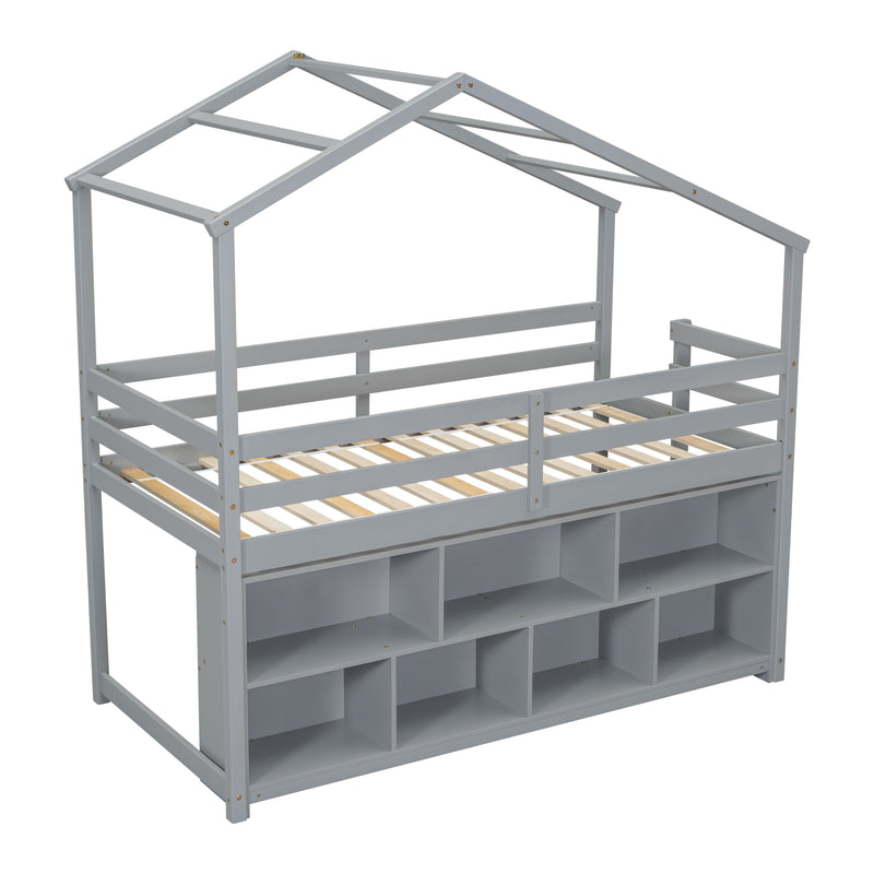 House Loft Bed With Roof Frame, Under Bed Shelving Storage Unit, Guardrails, Ladder