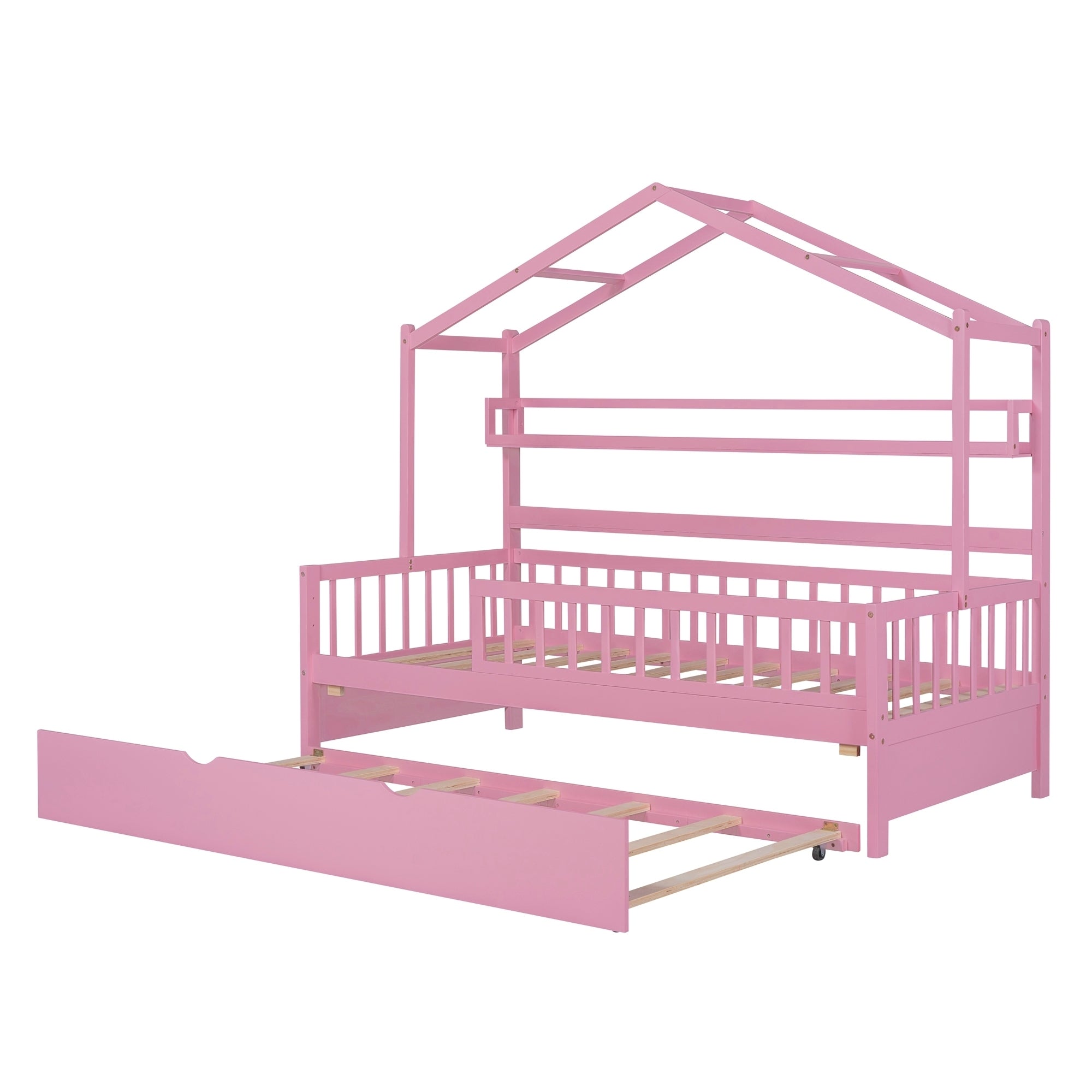 Wooden Twin Size House Bed with Trundle,Kids Bed with Shelf, Pink - Atlantic Fine Furniture Melbourne FL