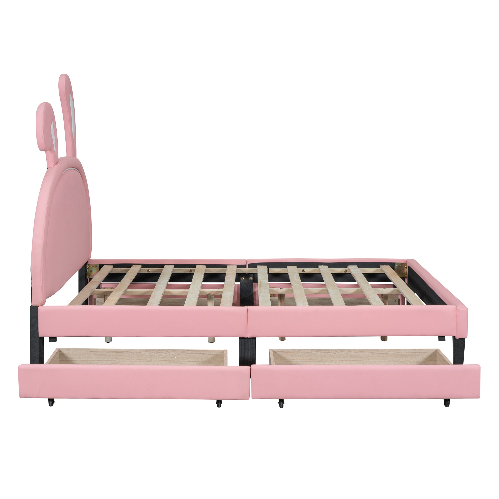 Full Size Upholstered Leather Platform Bed with Rabbit Ornament and 4 Drawers, Pink - Atlantic Fine Furniture Melbourne FL