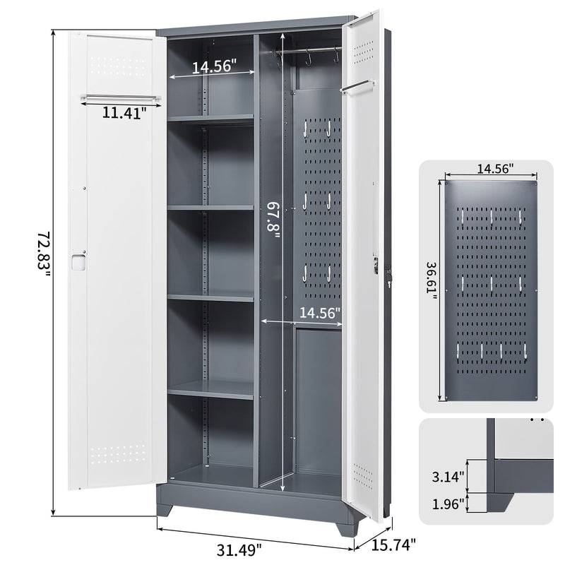 Metal Storage Cabinets, Cleaning Tool Cabinet With Locking Door, Tall Broom Tool Organizer And Storage, Large Storage Cabinet For Kitchen