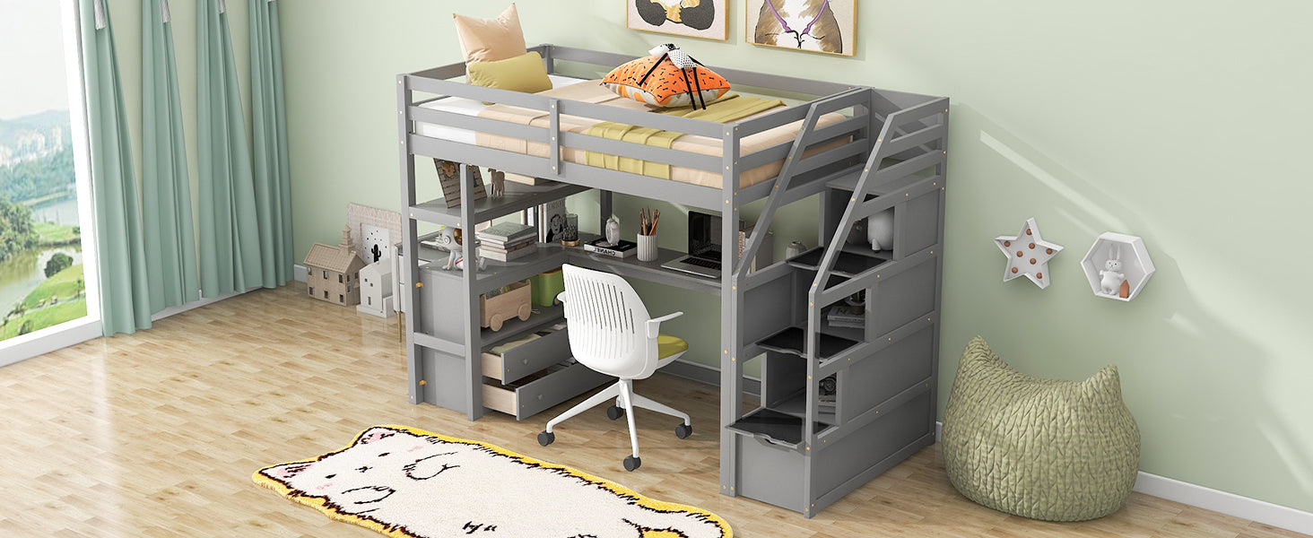 Twin Size Loft Bed with Desk and Shelves, Two Built-in Drawers, Storage Staircase, Gray - Atlantic Fine Furniture Melbourne FL