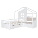 Twin Size House Bed with Sofa, Kids Platform Bed with Two Drawers and Storage Shelf, White