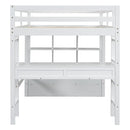Full Size Loft Bed With Built In Desk, 2 Drawers, Storage Shelves - White