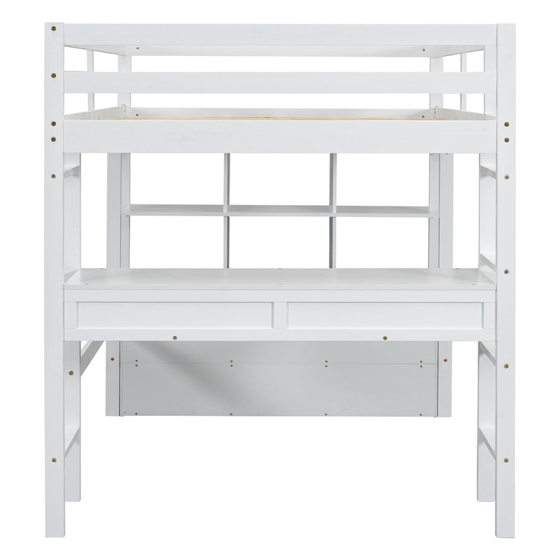 Full Size Loft Bed With Built In Desk, 2 Drawers, Storage Shelves - White