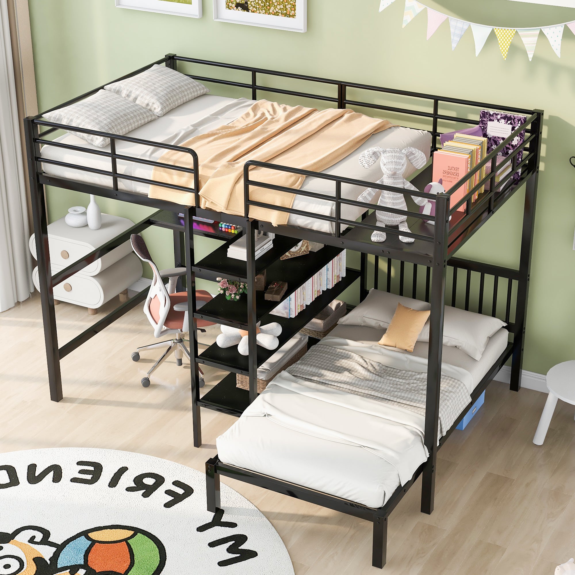 Full Over Twin Metal Bunk Bed with Built-in Desk, Shelves and Ladder, Black - Atlantic Fine Furniture Melbourne FL