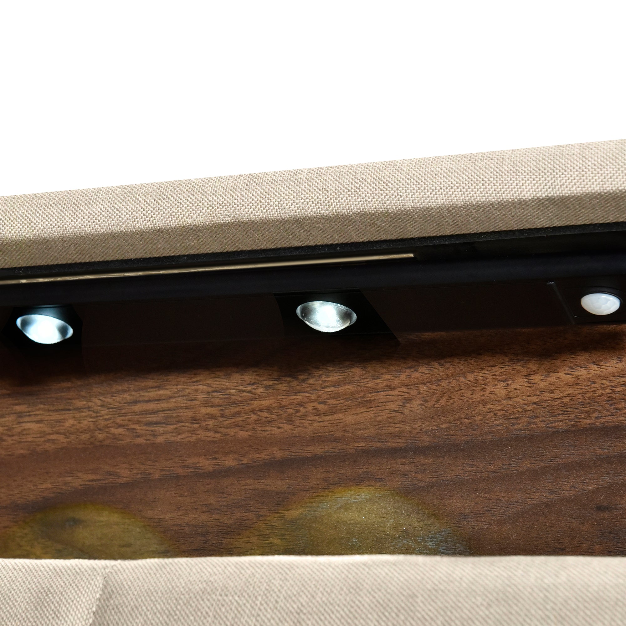 Full size Upholstered Platform Bed with Storage Headboard, Sensor Light and a set of Sockets and USB Ports, Linen Fabric, Beige