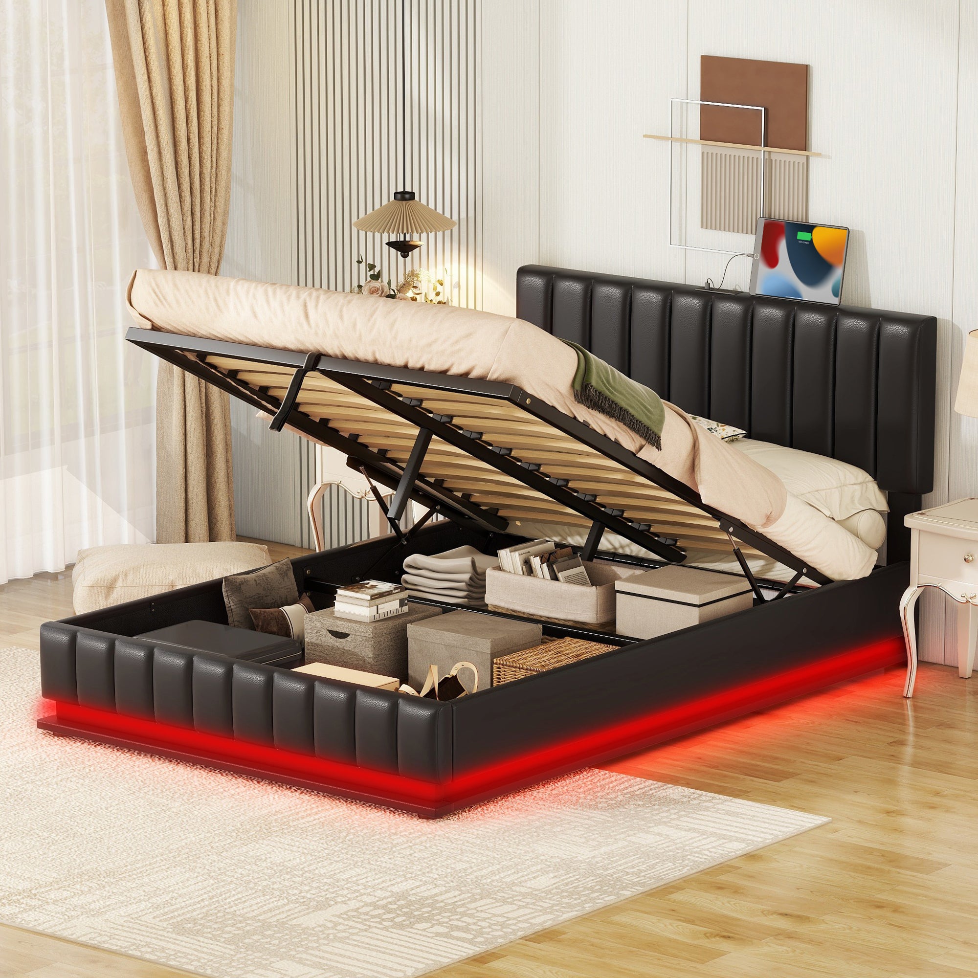 Full Size Upholstered Bed with Hydraulic Storage System and LED Light, Modern Platform Bed with Sockets and USB Ports, Black - Atlantic Fine Furniture Melbourne FL