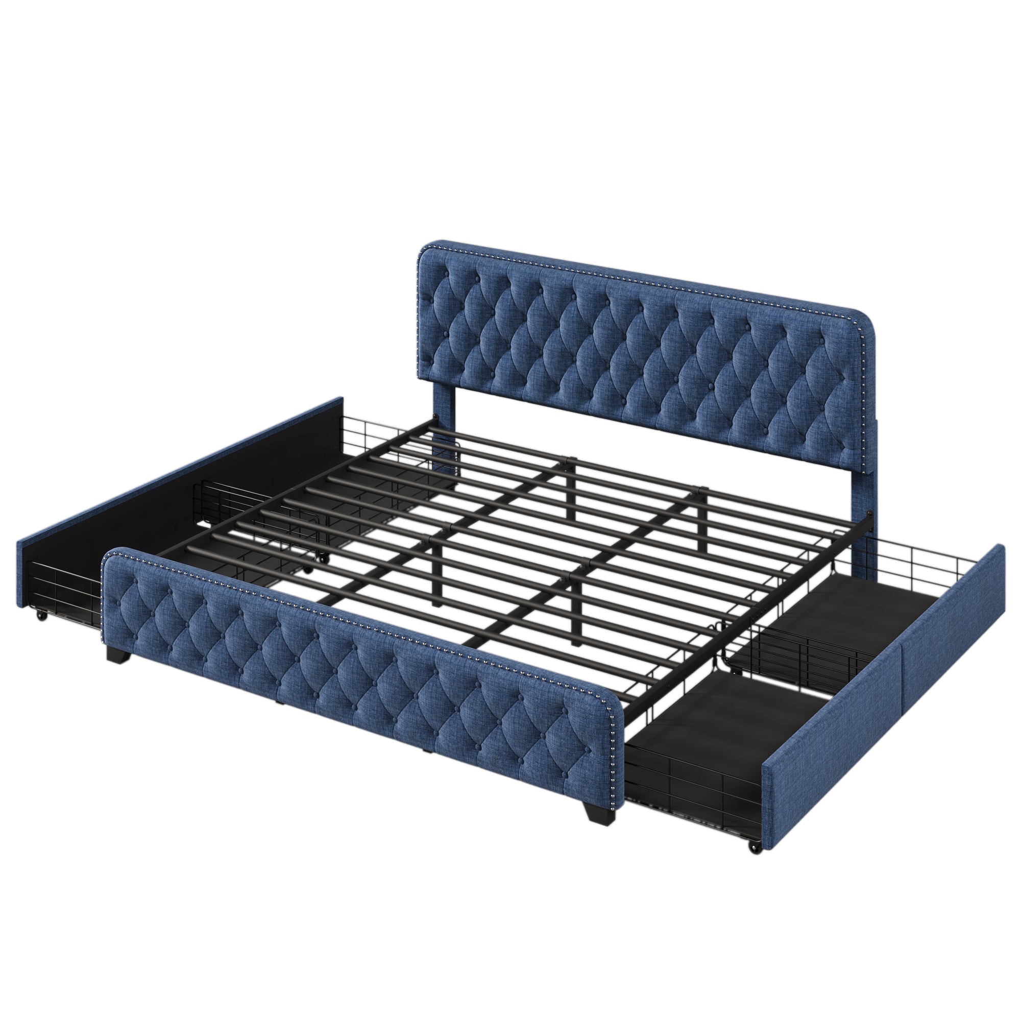 Upholstered Platform Bed Frame with Four Drawers, Button Tufted Headboard and Footboard Sturdy Metal Support, No Box Spring Required, Blue, King (Old sku: BS300277AAC) - Atlantic Fine Furniture Melbourne FL