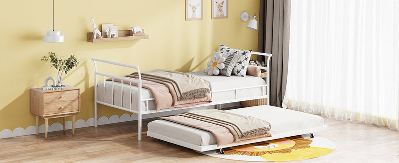 Twin Size Metal Daybed with Curved Handle Design and Twin Size Trundle, White