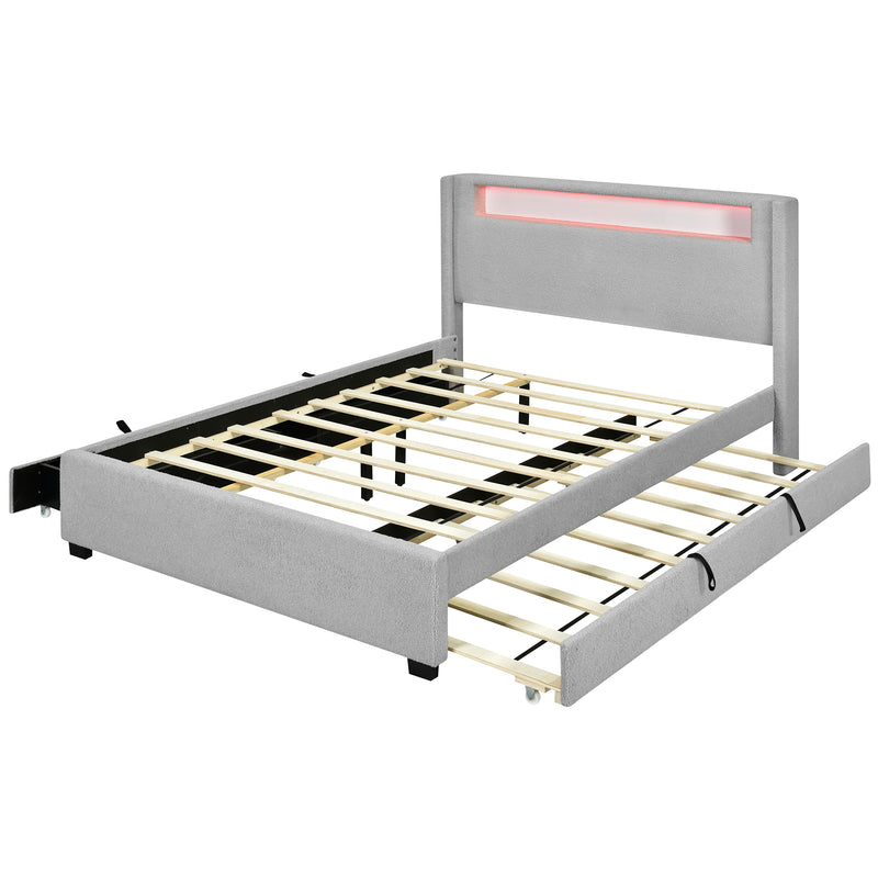 Full Size Upholstered Platform Bed with LED Frame, with Twin  Size Trundle and 2 drawers, Teddy Fleece, Gray
