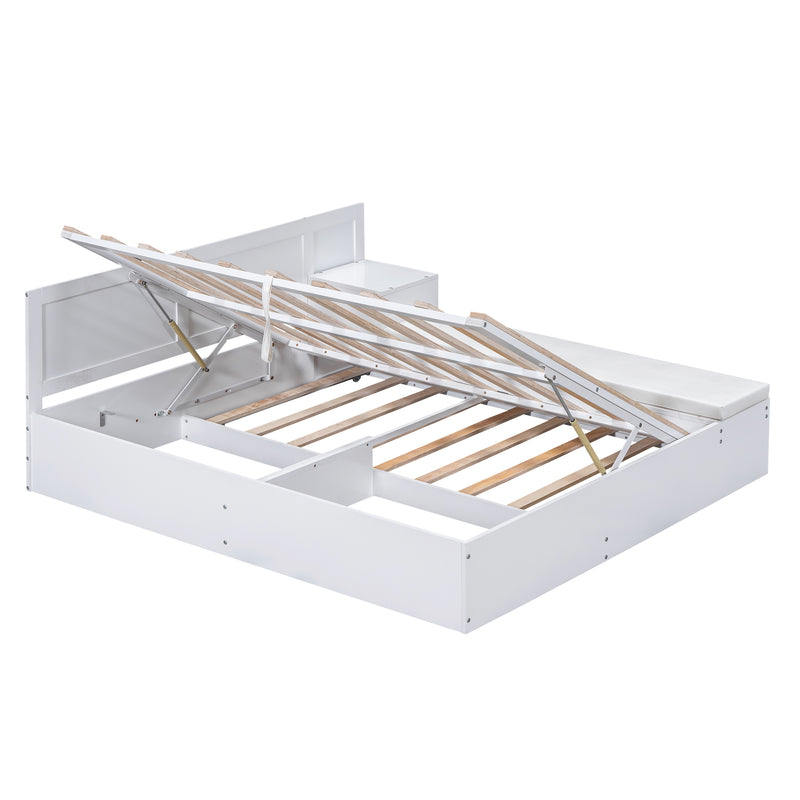 Full Size Wood Storage Hydraulic Platform Bed with Twin Size Trundle, Side Table and Lounge, White