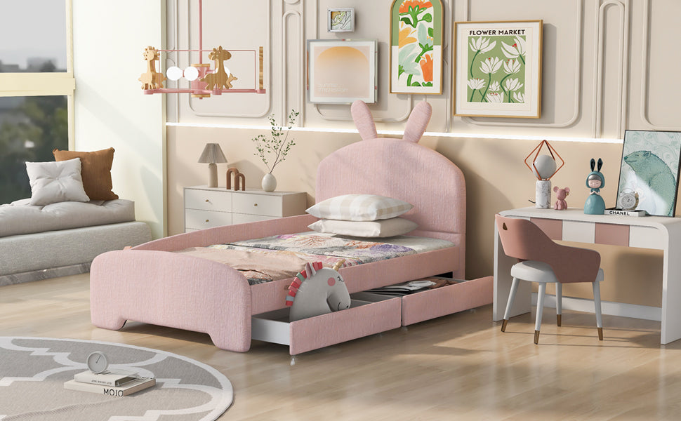 Twin Size Upholstered Platform Bed with Cartoon Ears Shaped Headboard and 2 Drawers, Pink - Atlantic Fine Furniture Melbourne FL