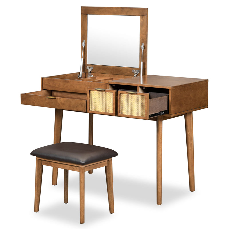 Classic Wood Makeup Vanity Set With Flip-Top Mirror And Stool, Dressing Table With Three Drawers And Storage Space