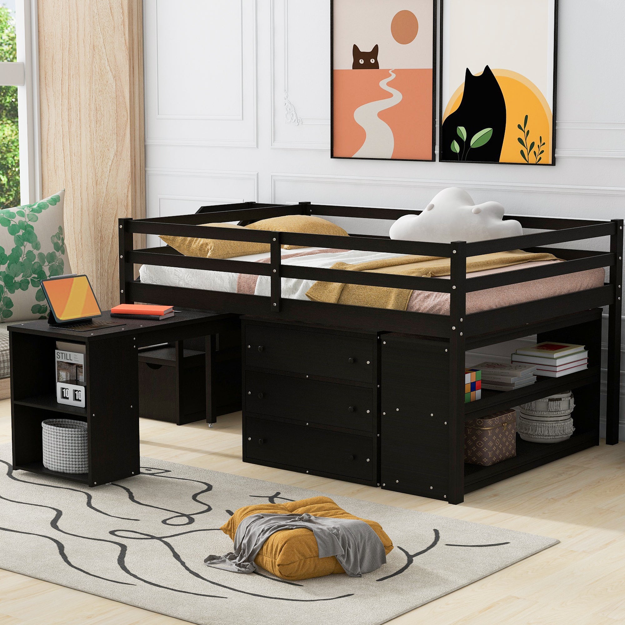 Full Size Loft Bed with Retractable Writing Desk and 3 Drawers, Wooden Loft Bed with Storage Stairs and Shelves, Espresso - Atlantic Fine Furniture Melbourne FL