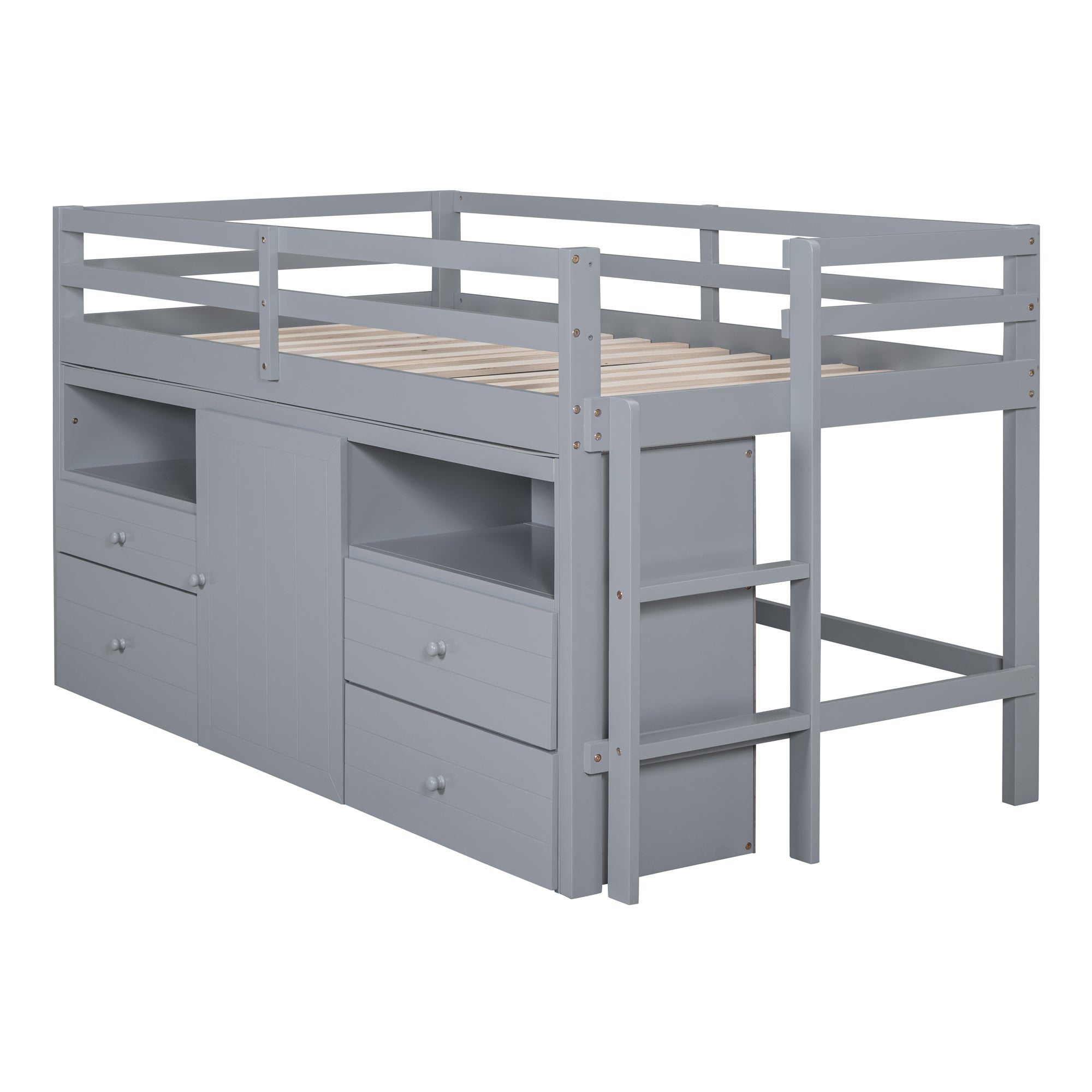 Twin Size Loft Bed with 4 Drawers, Underneath Cabinet and Shelves, Gray - Atlantic Fine Furniture Melbourne FL