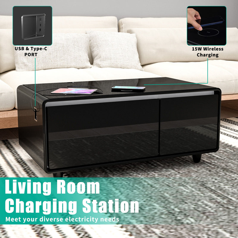 Modern Smart Coffee Table With Built-In Fridge - Bluetooth Speaker, Wireless Charging, Touch Control Panel, USB Interface, Outlet Protection, Atmosphere Light