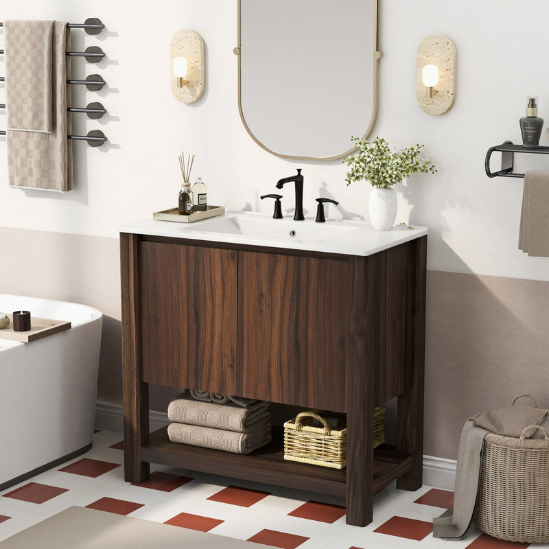 36" Modern Bathroom Vanity With Rectangle Ceramic Sink, Bathroom Cabinet And 45 Degrees Free Handle Design Soft Closing Doors, 1 Open Shelf At The Bottom - Dark Brown