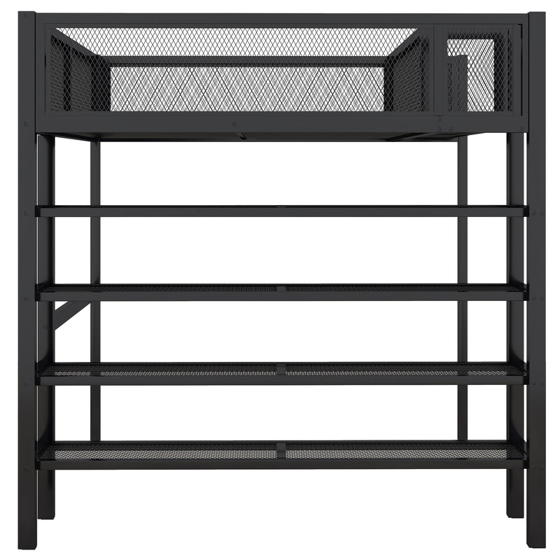 Full Size Metal Loft Bed with 4-Tier Shelves and Storage, Black