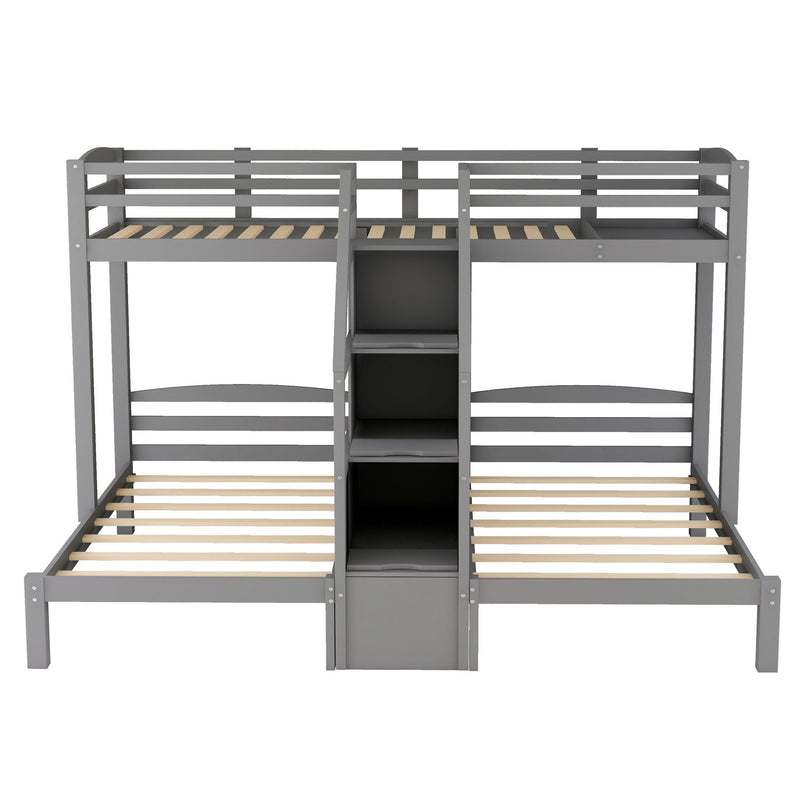 Twin Over Twin & Twin Bunk Bed With Built In Staircase And Storage Drawer - Gray