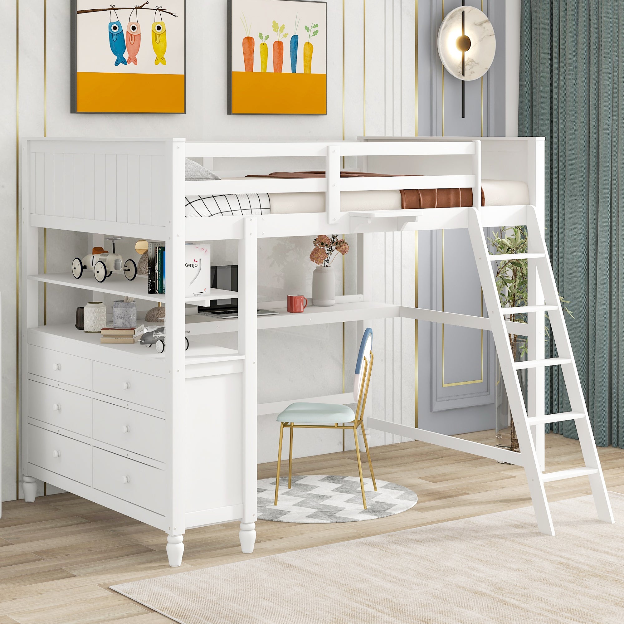 Full size Loft Bed with Drawers and Desk, Wooden Loft Bed with Shelves - White(OLD SKU:LT001529AAK) - Atlantic Fine Furniture Melbourne FL