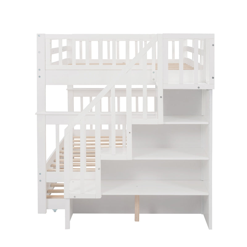 Stairway Bunk Bed With Twin Size Trundle, Storage And Guard Rail For Bedroom, Dorm