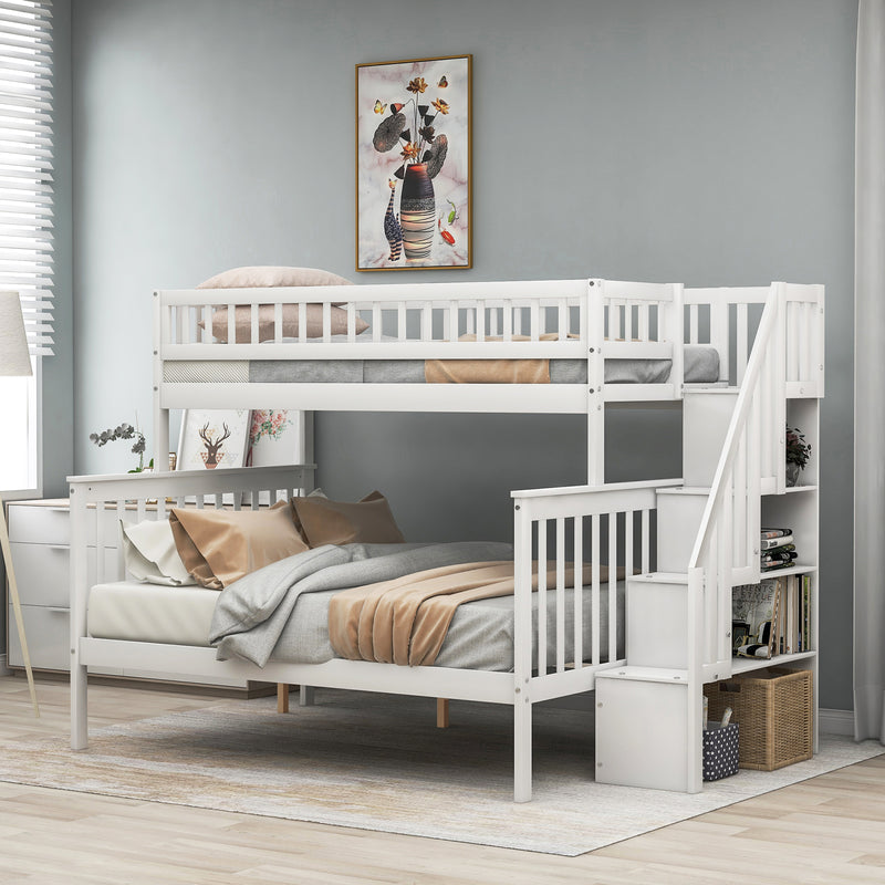 Twin over Full Stairway Bunk Bed with storage, White