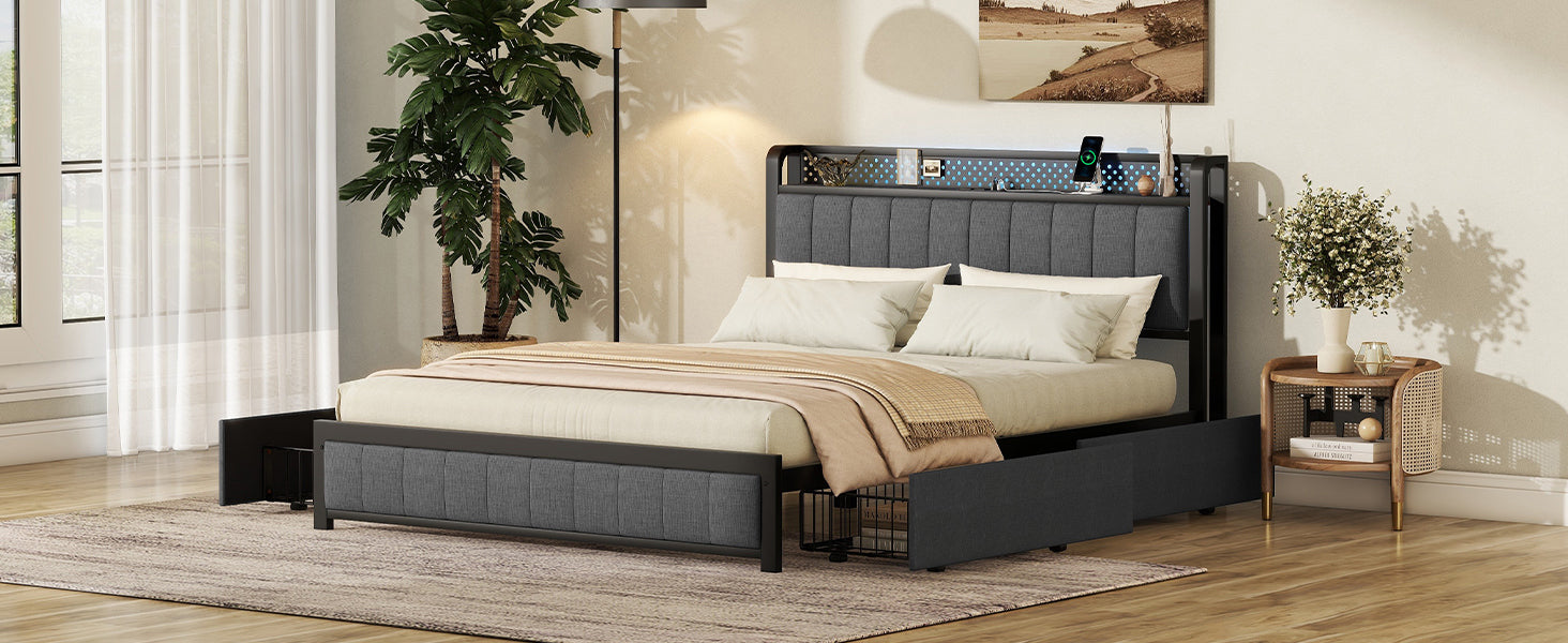 Queen Bed Frame with LED Headboard, Upholstered Bed with 4 Storage Drawers and USB Ports, Dark Grey - Atlantic Fine Furniture Melbourne FL