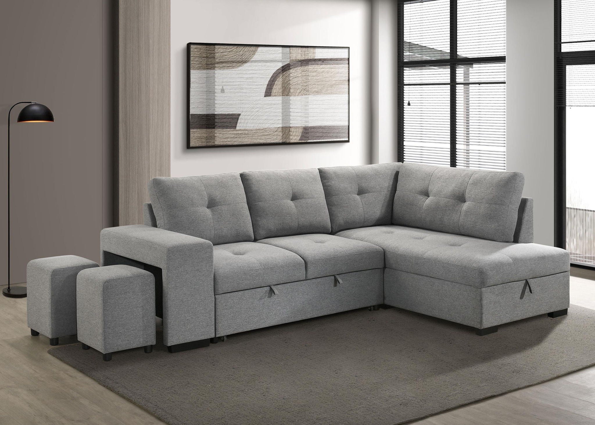 Roanne Fabric Upholstered Sleeper Sectional Sofa Grey