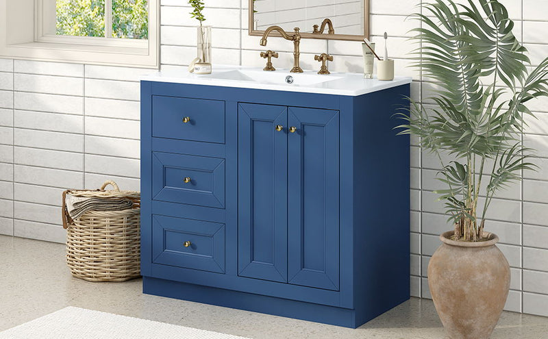 Bathroom Vanity With Ceramic Sink, Bathroom Storage Cabinet With 2 Drawers & Shelf, Freestanding Bathroom Cabinet - Blue