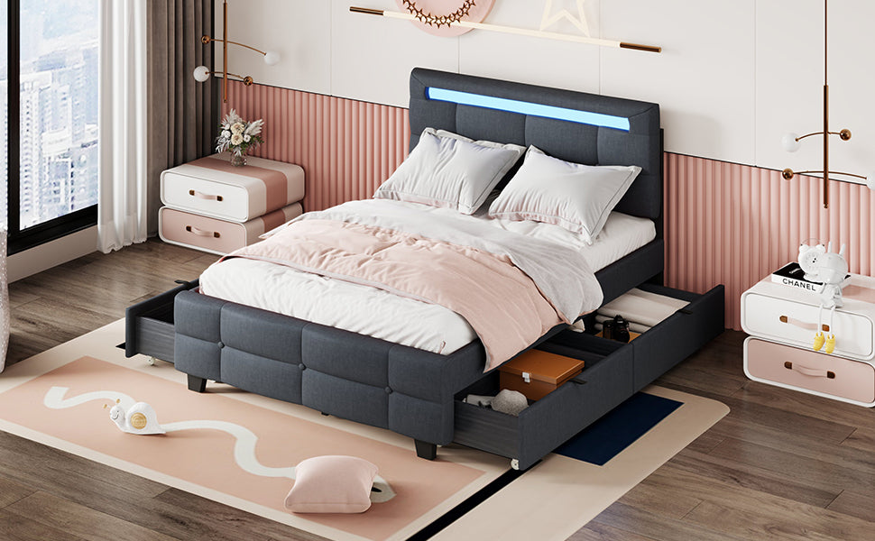 Full Size Upholstered Platform Bed with LED Frame and 4 Drawers, Linen Fabric, Gray - Atlantic Fine Furniture Melbourne FL